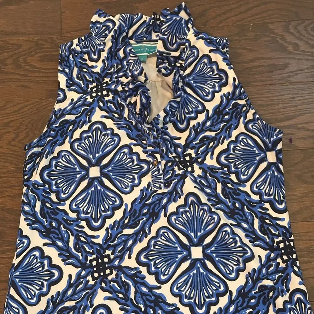 Southern Frock Blue White Sleeveless Ruffle Neck Shift Dress Size Small